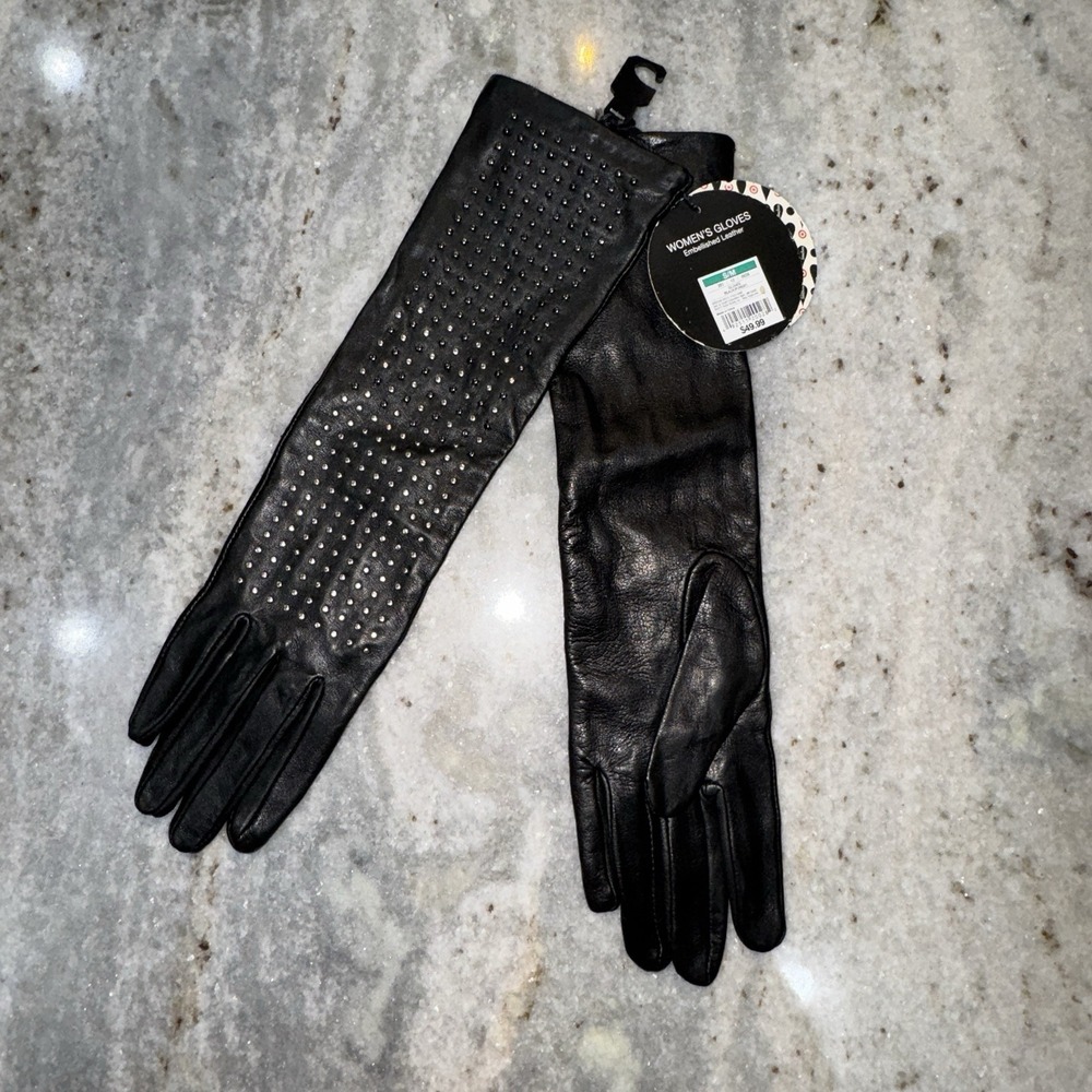 NWT‎ Newman Marcus Long Studded Leather Gloves Black NEW 2012 Women's S/M Luxury